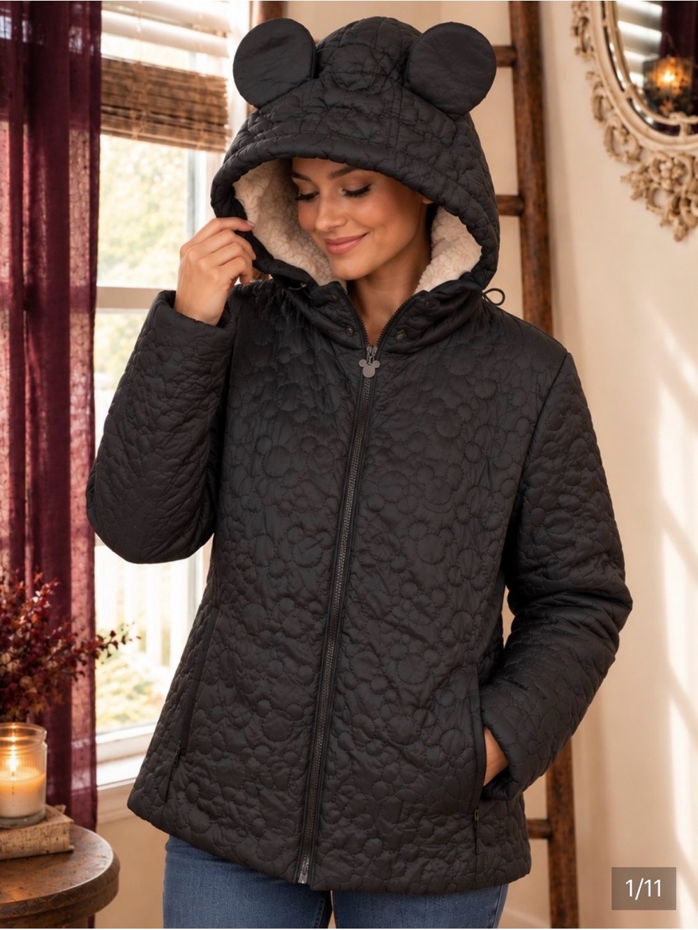 Disney Black Quilted Hooded Puffer with Ear Detail